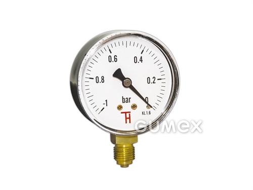 Manometr standardní se spodním vývodem, průměr 63mm, vnější závit G 1/4", -1-0bar (vakuometr), třída přesnosti 1,6%, průzor akryl, pouzdro ocel, -40°C/+60°C